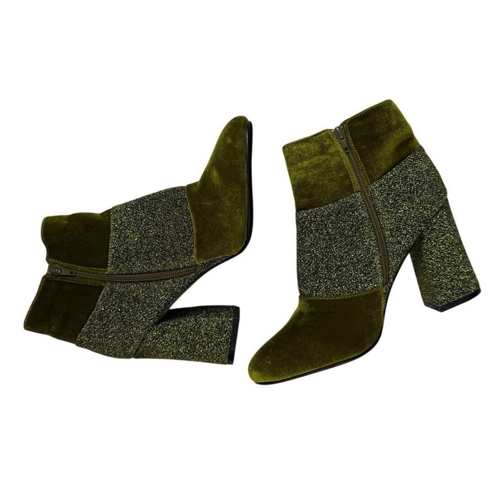 Yoki Womens Olive Green‎ Velvet and Glitter Block Heel Ankle Boots Side Zip